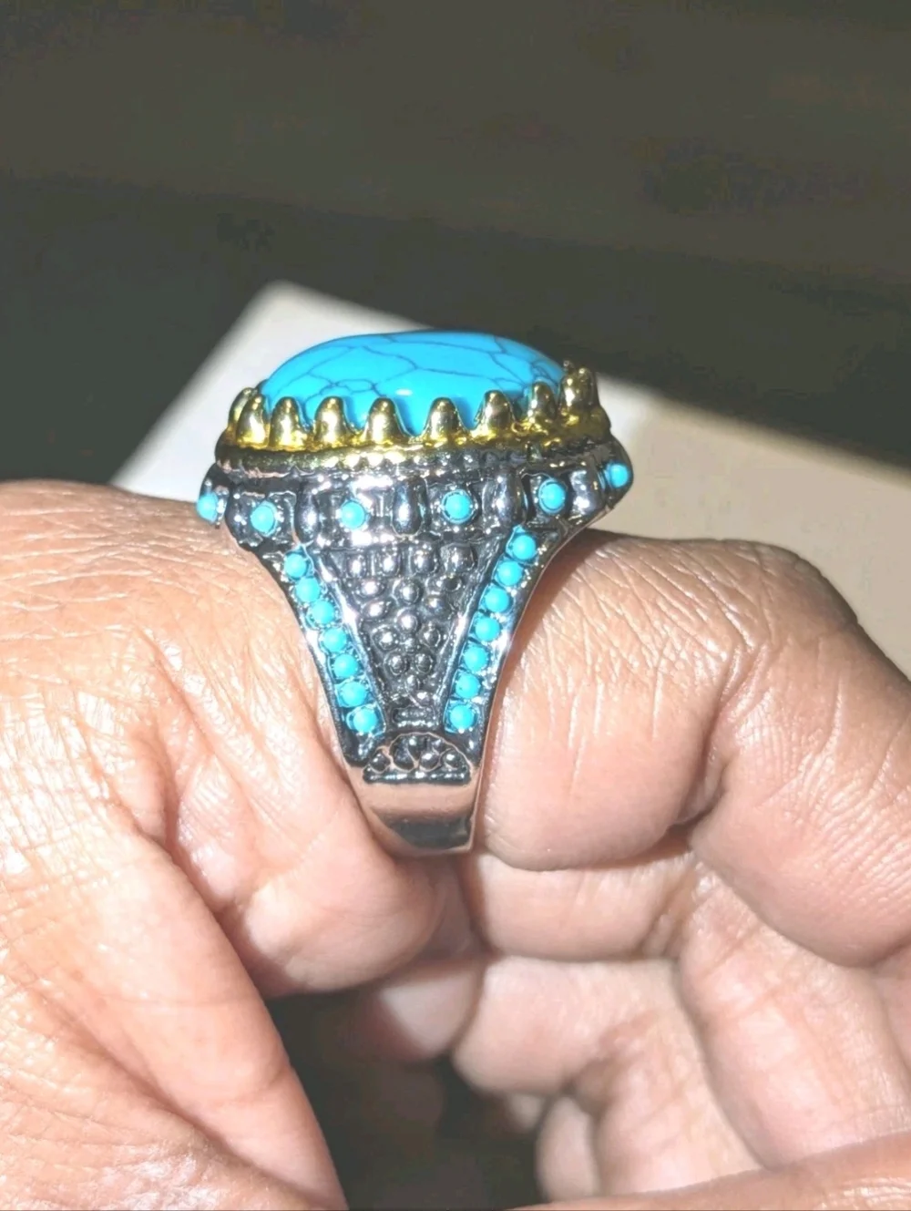 Retro Punk Style Ring Simulated Turquoise Two Tone Polished Statement Band Ring